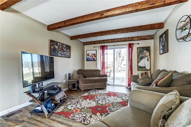 living area with baseboards, visible vents, wood finished floors, and beamed ceiling