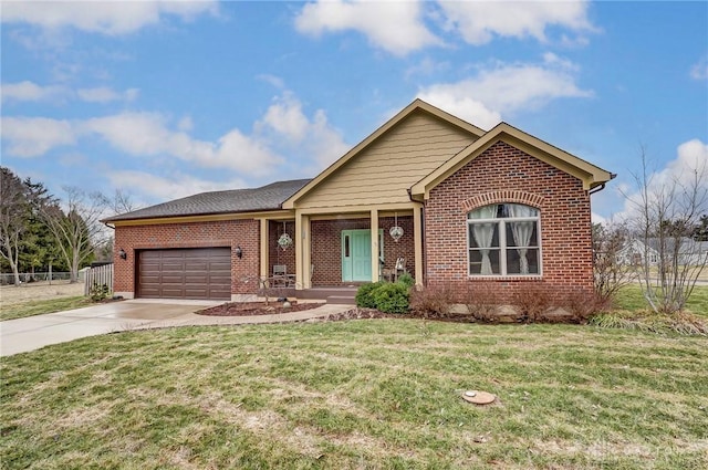 ranch-style house featuring a garage, a front lawn, concrete driveway, and brick siding