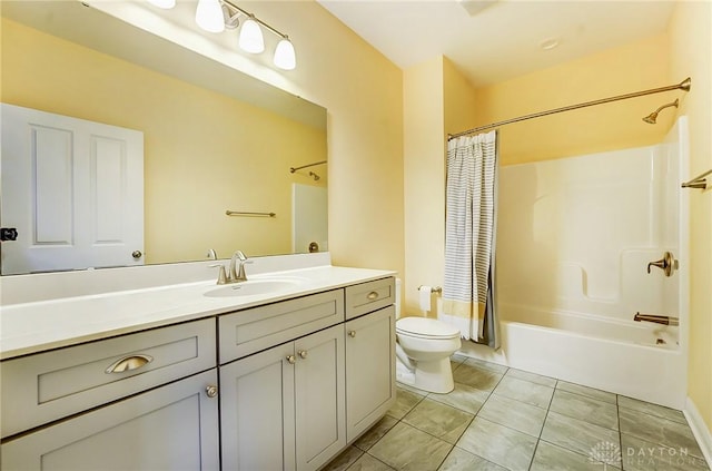 full bath featuring shower / tub combo, vanity, toilet, and tile patterned floors