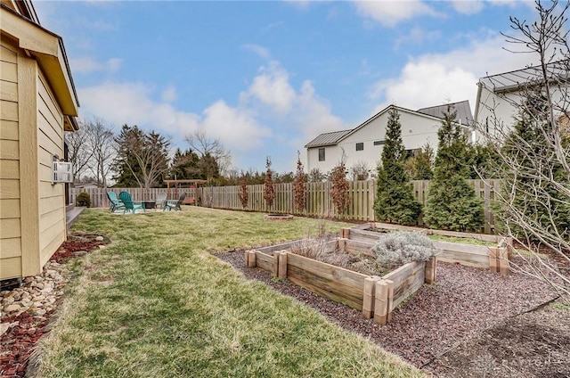 view of yard with a garden and a fenced backyard