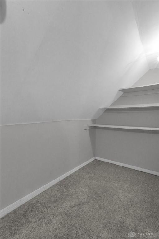 walk in closet with carpet and vaulted ceiling