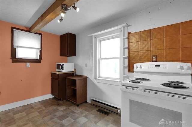 kitchen featuring visible vents, a baseboard heating unit, white appliances, beamed ceiling, and baseboards