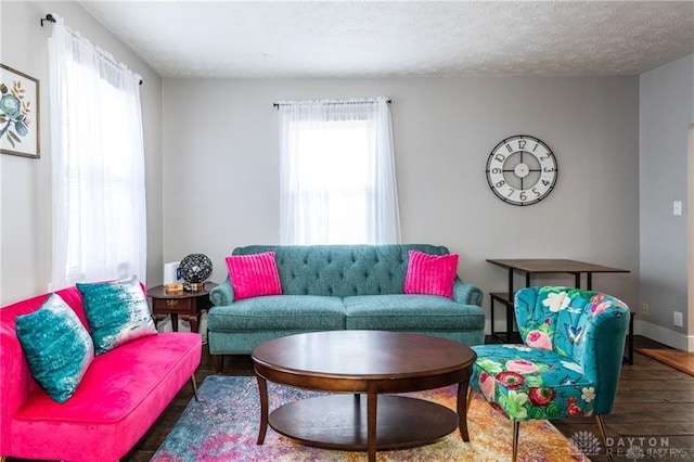 living area with a textured ceiling, baseboards, and wood finished floors