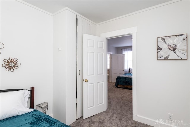 bedroom with crown molding and carpet flooring