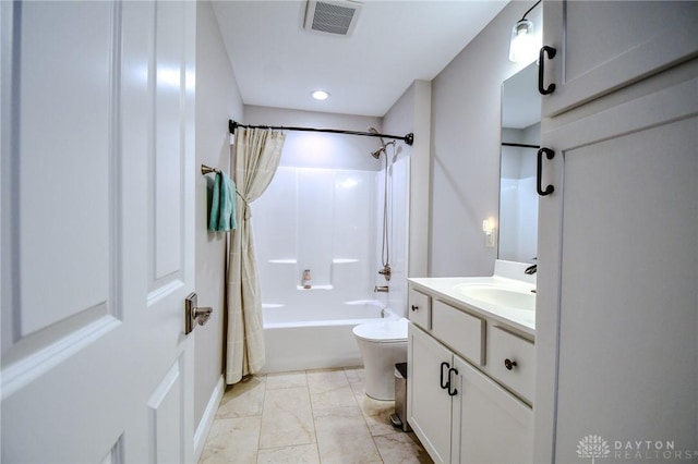 full bathroom featuring visible vents, toilet, marble finish floor, shower / bath combination with curtain, and vanity