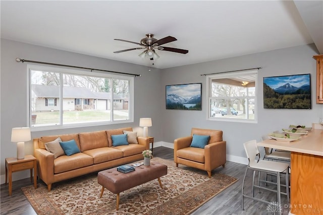 living area with plenty of natural light, baseboards, and wood finished floors