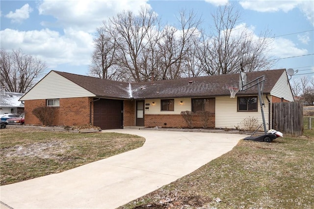 ranch-style house featuring an attached garage, brick siding, fence, concrete driveway, and a front lawn