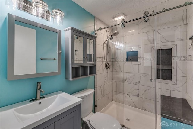 full bath with a shower stall, toilet, and vanity