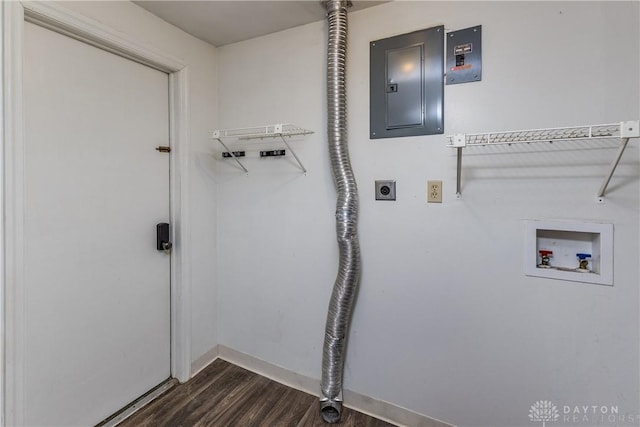 laundry area with hookup for a washing machine, electric panel, dark wood finished floors, and electric dryer hookup