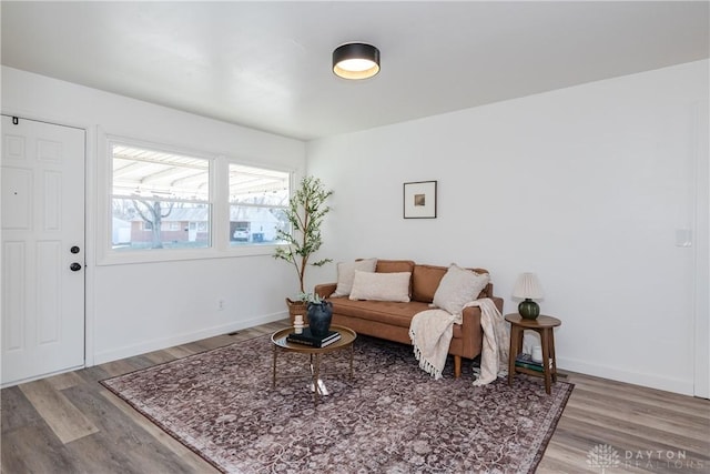 living area featuring baseboards and wood finished floors