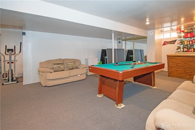 playroom featuring a dry bar, carpet flooring, and pool table