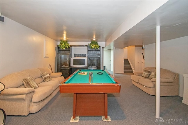 recreation room with carpet floors and billiards