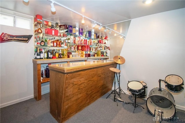 bar with carpet floors, track lighting, baseboards, and a dry bar