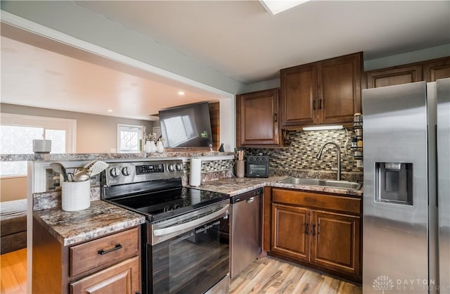 kitchen featuring light wood-style flooring, a peninsula, a sink, appliances with stainless steel finishes, and backsplash