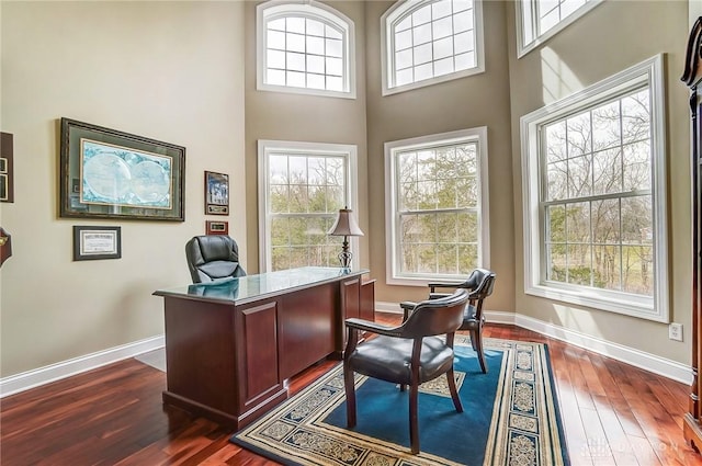 office space featuring dark wood-style flooring, a towering ceiling, a wealth of natural light, and baseboards