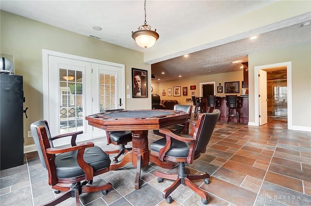 game room with recessed lighting, visible vents, and baseboards