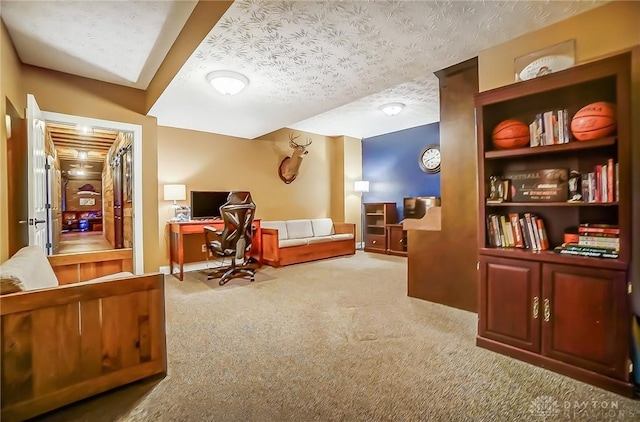 carpeted office with a textured ceiling