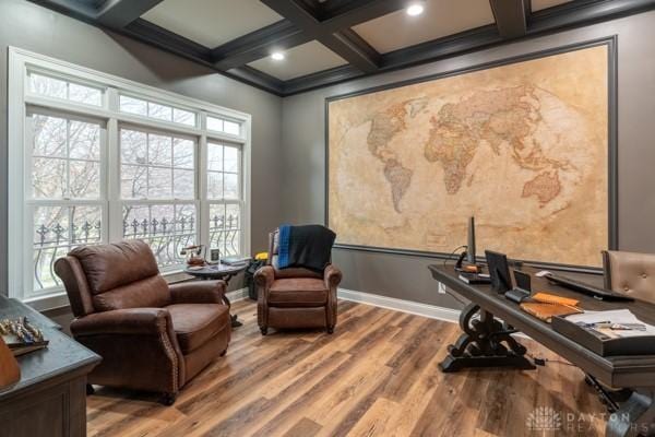 office featuring baseboards, beam ceiling, recessed lighting, wood finished floors, and coffered ceiling