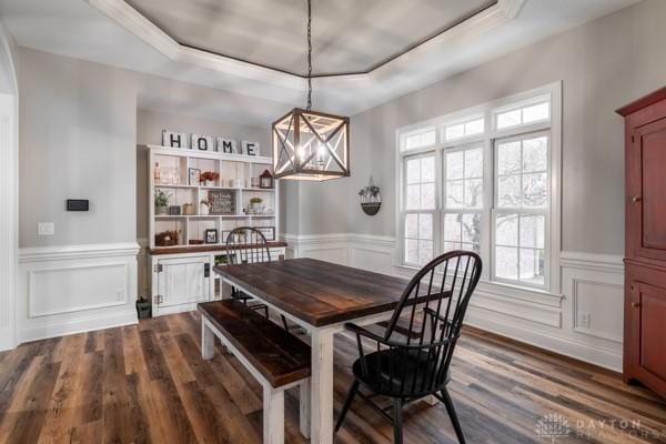 dining space with a wainscoted wall, a notable chandelier, a tray ceiling, dark wood finished floors, and a decorative wall