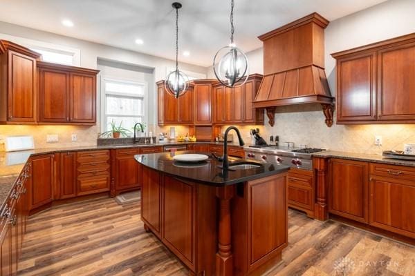 kitchen featuring a sink, brown cabinets, custom exhaust hood, and wood finished floors