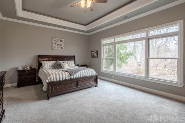 carpeted bedroom with a raised ceiling, baseboards, and ornamental molding