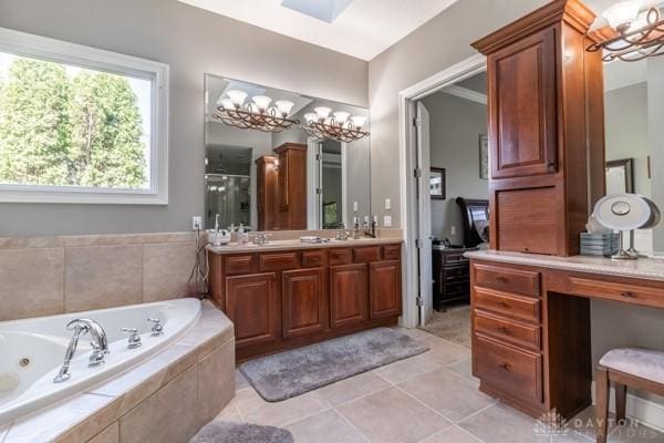 full bathroom featuring double vanity, a whirlpool tub, a sink, tile patterned flooring, and an enclosed shower