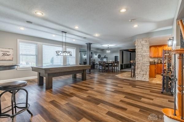 game room featuring recessed lighting, wood finished floors, billiards, and ornate columns