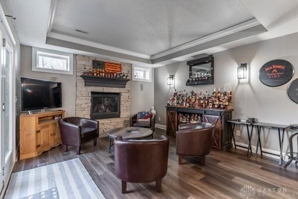 interior space featuring ornamental molding, a tray ceiling, wood finished floors, a stone fireplace, and a dry bar