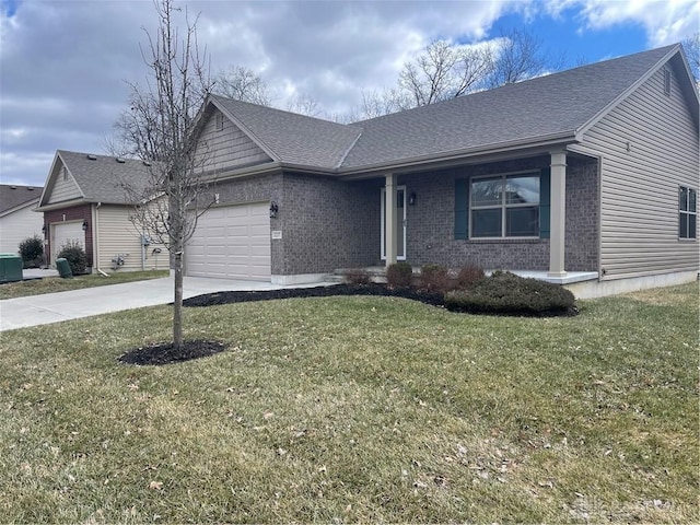 ranch-style home featuring brick siding, a shingled roof, a front lawn, concrete driveway, and an attached garage