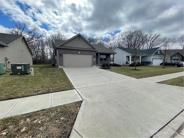 single story home featuring cooling unit, an attached garage, a front lawn, concrete driveway, and brick siding