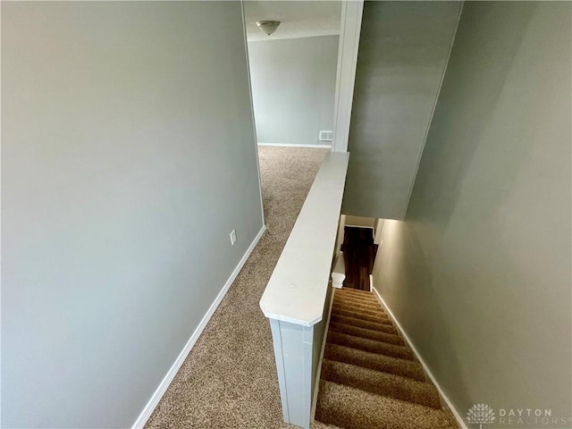 staircase featuring baseboards and carpet