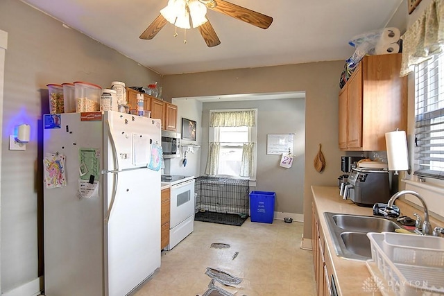 kitchen featuring a sink, white appliances, ceiling fan, and light countertops