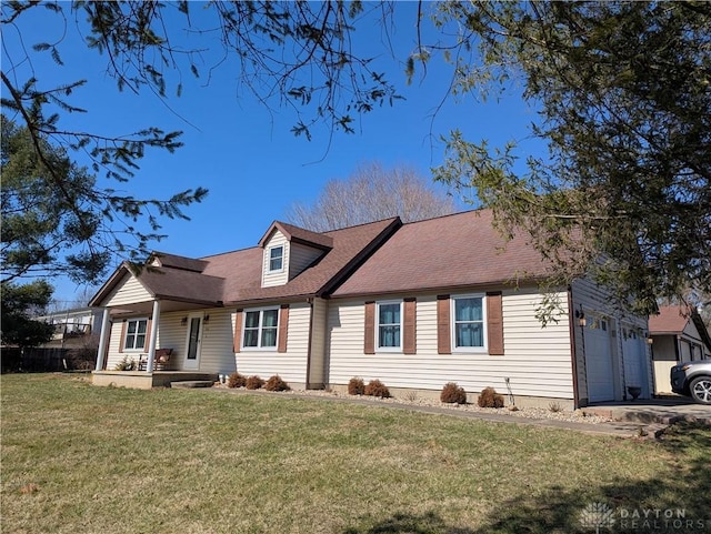 cape cod house with a front lawn, a porch, roof with shingles, a garage, and driveway