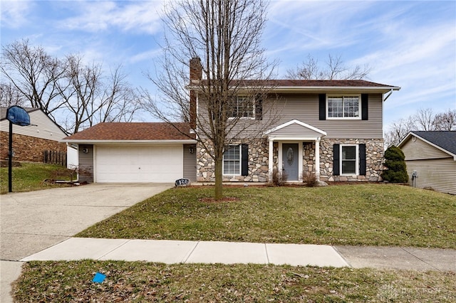 view of front of house featuring an attached garage, a chimney, concrete driveway, and a front lawn