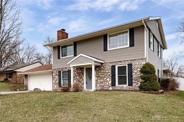 view of front facade featuring stone siding, an attached garage, a chimney, and a front lawn