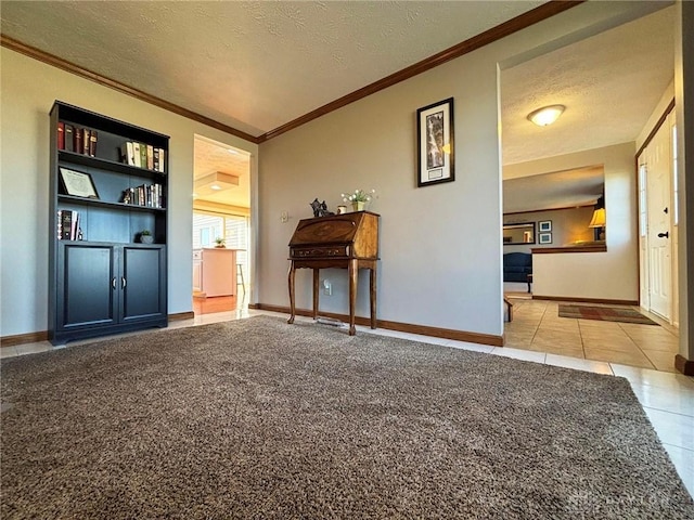 interior space featuring ornamental molding, carpet, baseboards, and a textured ceiling