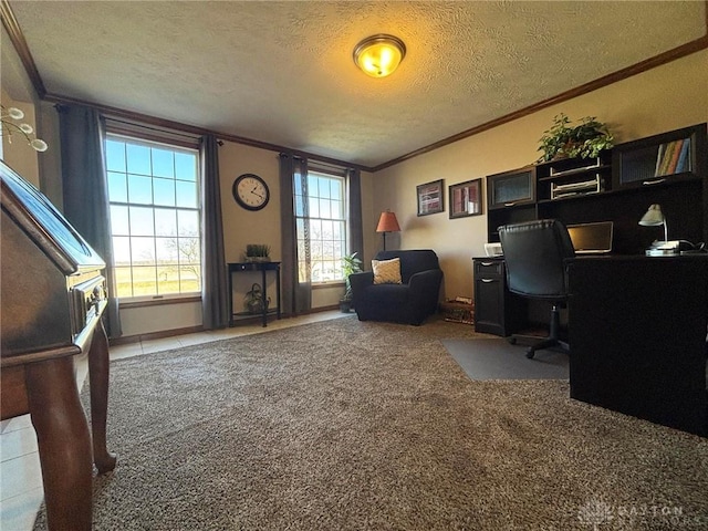 home office with a textured ceiling, carpet floors, and ornamental molding