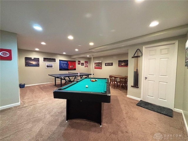 rec room featuring recessed lighting, baseboards, carpet, and billiards