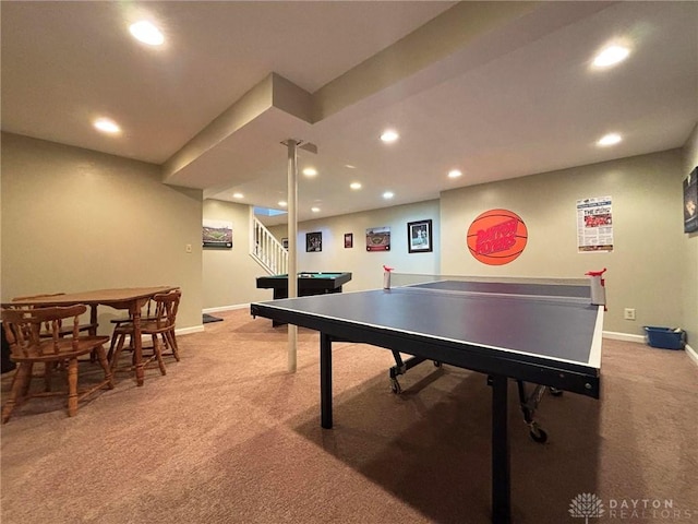 playroom with recessed lighting, baseboards, and light carpet