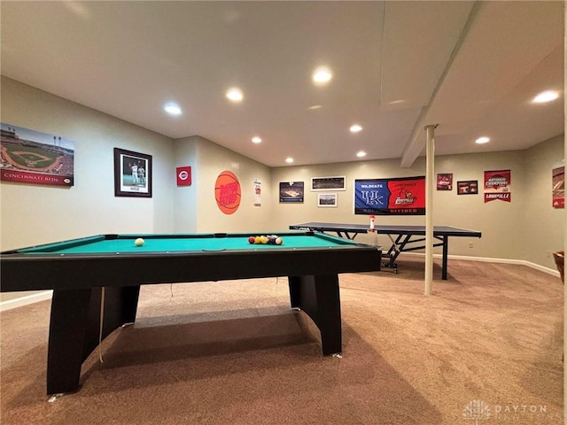 rec room with billiards, recessed lighting, carpet, and baseboards