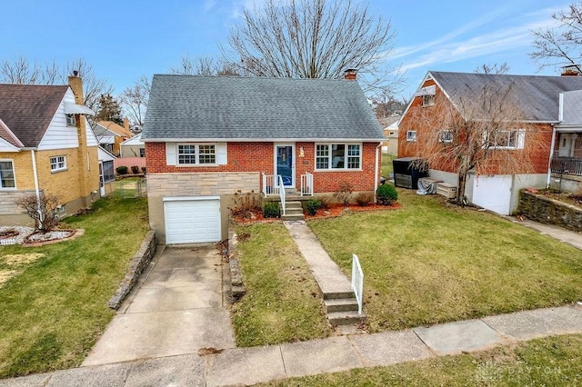 view of front facade featuring brick siding, an attached garage, a shingled roof, a front lawn, and driveway