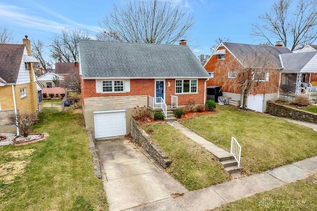 view of front of home featuring roof with shingles, a front lawn, concrete driveway, a garage, and brick siding