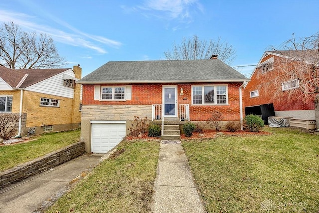 view of front of property with a front yard, a garage, and a chimney