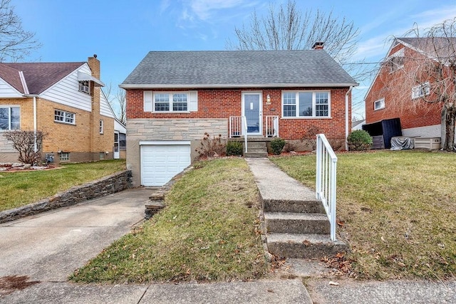 view of front of home with brick siding, an attached garage, a front lawn, roof with shingles, and driveway