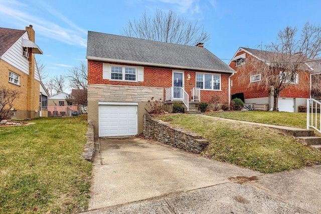 view of front of house with a front lawn, concrete driveway, an attached garage, a shingled roof, and brick siding