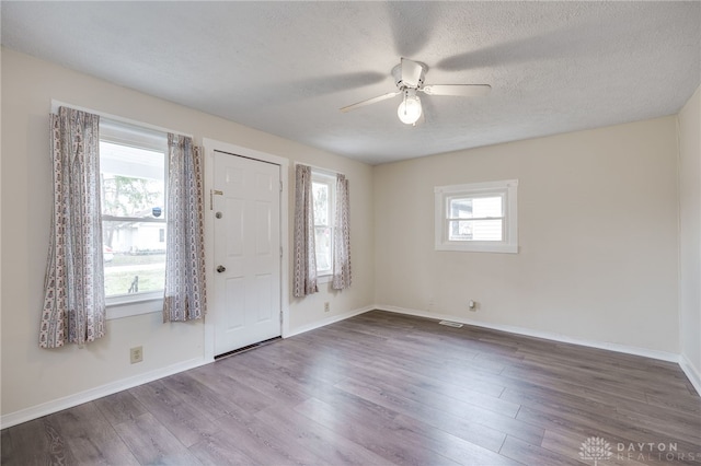 foyer with a healthy amount of sunlight, a textured ceiling, baseboards, and wood finished floors