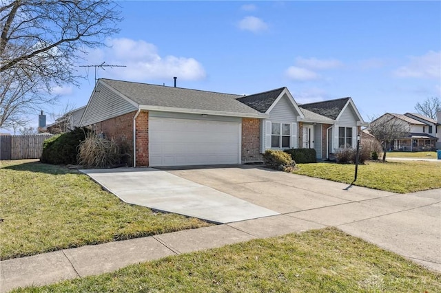 single story home featuring brick siding, an attached garage, concrete driveway, and a front lawn