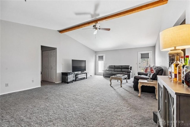 living room with beamed ceiling, high vaulted ceiling, carpet floors, baseboards, and ceiling fan