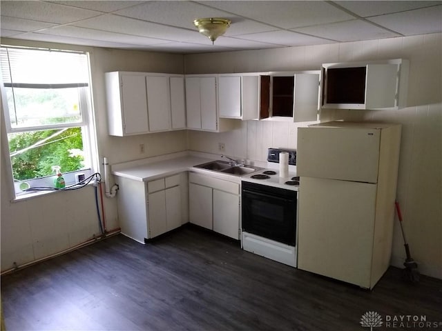 kitchen featuring a sink, electric range, a drop ceiling, and freestanding refrigerator