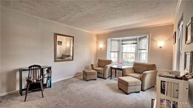 living area with baseboards, carpet, crown molding, and a textured ceiling